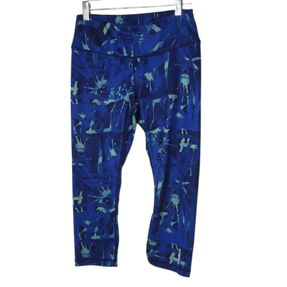 Reebok Womens Capri Leggings Size S Blue Abstract Print Workout Sporty Athletic